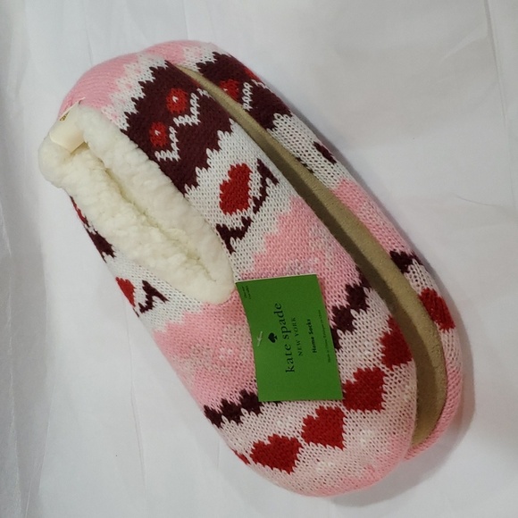 Kate Spade pink red argyle look shearling lined footlet house home socks new OS - Picture 7 of 8